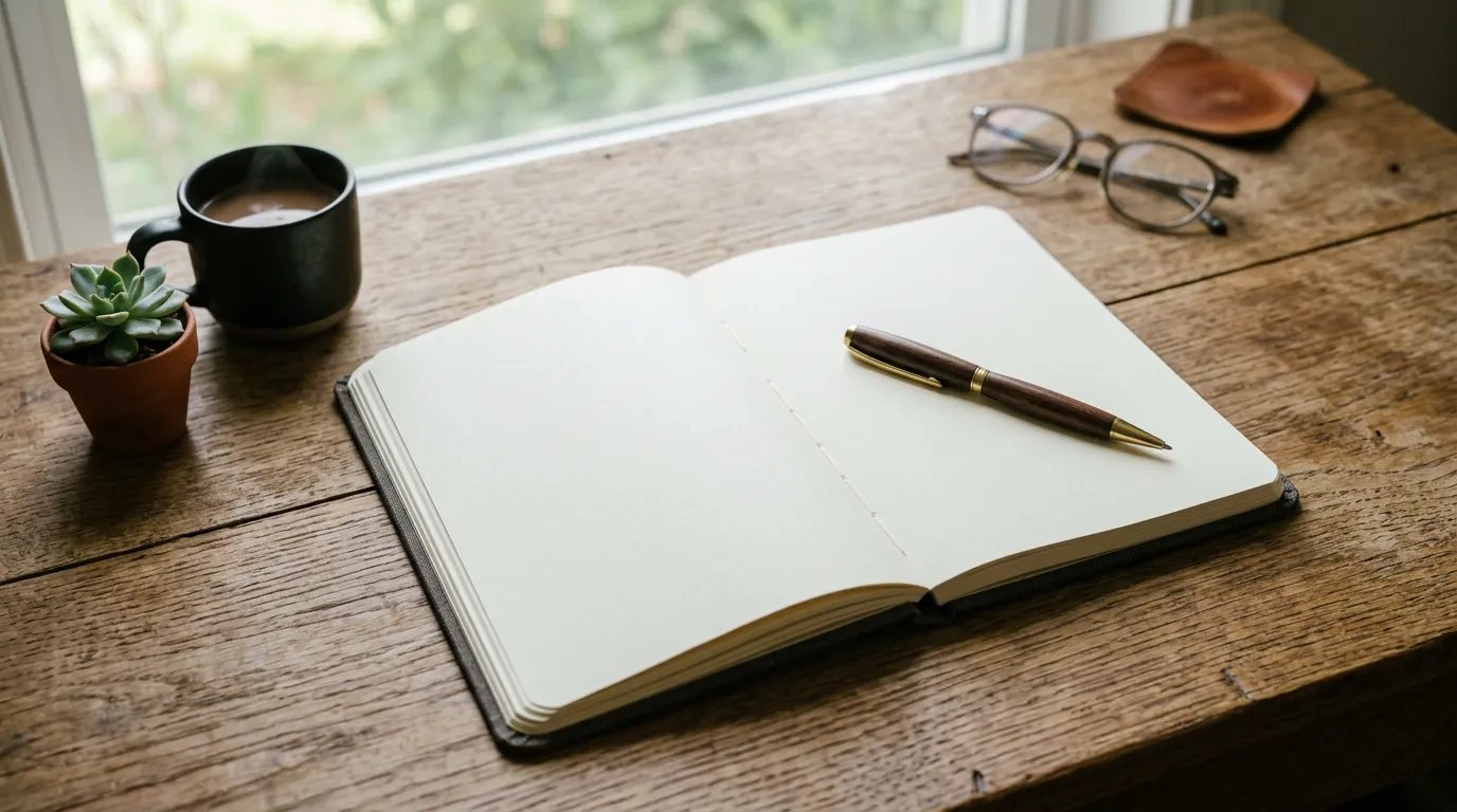 Open journal or notebook with pen on wooden desk, soft natural lighting, motivational and reflective mood, minimalist workspace
